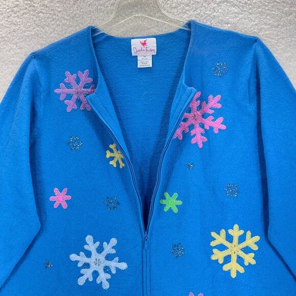 Quacker Factory Sweater Women 3X Wool Zip Up Snowflakes Blue Round Neck Beaded - Picture 10 of 14